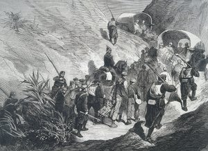Spain. Third Carlist War. Carlist prisoners walking across the mountains in Emporda (Catalonia). Engraving. by Artist Unknown