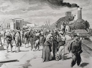 Spain. Third Carlist War. Departure of a free corps battalion against the Carlists from Barcelona. Picture from 