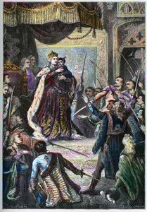 The Impress Marie-Therese of Austria receiving during her visit to the parliament of Bratislava, the oath of fidelity of the Hungarian nobles