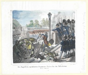 The Attack of the K. K. Infantry Regiment Nassau at the Tabor Bridge on 6th October 1848 by Artist Unknown