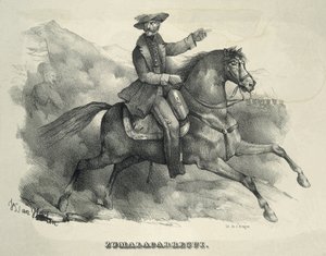 Tomas Zumalacarregui (1788-1835). Carlist general. Spain. First Carlist War. Zumalacarregui riding a horse (engraving)