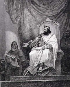 Charlemagne (742-814) issuing the Capitulary of Herstal in 779, engraved by Leclerc by Ary (after) Scheffer