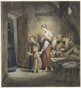 Sick Man in Bed with a Woman and Two Children Beside Him