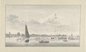 Large Raft and Various Ships on the Merwede near the House de Merwe near Dordrecht by Ary van Wanum