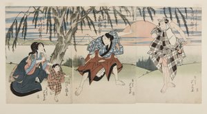 Actors Ichikawa Ebijūrō I as Ukisu no Iwamatsu, Arashi Kitsusaburō II as the Farmer Jōsaku, Arashi Kitsuzō as Jōkichi, and Sawamura Kunitarō II as Jōsaku