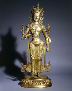 Gilt-Bronze Figure of Padmapani Standing in Tribhanga, Wearing Bodhisattva Jewellery and a Crown by Asian School