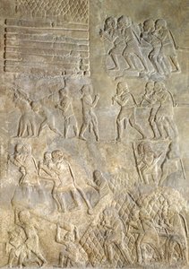 Relief depicting porters bringing wood to the coast for transportation by sea from the Palace of Sargon II, Khorsabad, Iraq