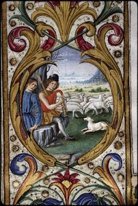Missal of Thomas James: Detail of a Margin Medallion: Shepherds
