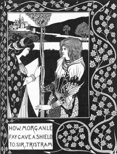 Arthurian Legend: The fairy Morgane gives a shield to Tristan. Engraving in The story of Tristan and his adventures, which includes his love story with Isolde. The Morte of Arthur by Sir Thomas Malory, edition illustrated by Aubrey Beardsley