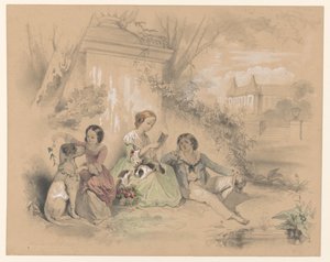 Three Children in a Castle Garden, Reading and Playing with Dogs