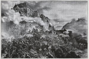 Hungarian Revolution of 1848-1849: Hungarian Rebels Storm the Buda Castle on 21st May 1849 (After Lithograph by August von Pettenkofer) by August Xaver Karl von Pettenkofen