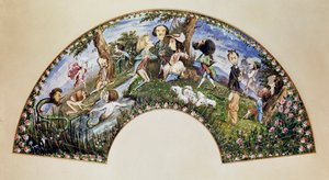 George Sand and friends in Nohant in 1838, fan painting by Auguste Charpentier