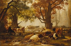 Cattle in a Wooded River Landscape by Auguste Francois Bonheur