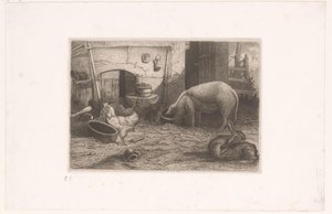 Pig, Chickens, and Rabbits by a Barn by Auguste Numans (attributed to)