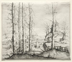 River Landscape with Five Bare Spruce Trees in the Foreground by Augustin Hirschvogel