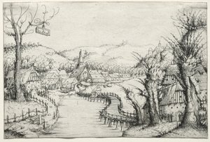 River Landscape with Three Bare Willow-Trees and a Long Winding Wooden Bridge by Augustin Hirschvogel