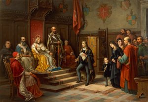 Frederick III, being pressed to march against Turks by Trieste poet Raffaele Zovenzoni, by Augusto Tominz by Augusto Tominz