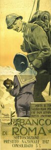 World War I: Banco di Romano poster for War Loan. Italian soldier telling his son to empty his money box and Papa will soon be home victorious by Aurelio Craffonara