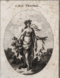Allegory of Abundance. We represent her beautiful and gracious. The crown of flowers means the joy of her gifts. The bouquet of ears and the different veggies that she holds in her hands repent to her feet, marking the abundance and neglecting the economy. by Austrian School