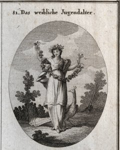 Allegory of adolescence (teenage girl) represented by a young woman with a crown and a garland of flowers to denote happy felicity. The peacock understands the love of adornment. His foot is placed on an hourglass. Engraving in 