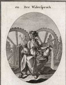 Allegory of annoyance. His suit is split in half. She holds a vessel of water and a vessel of fire. The two wheels with teeth move in opposite directions. Engraving in 