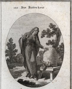 Allegory of bitterness. She looks sadly at an absinth plant that germinated in a honey hive. Engraving in 