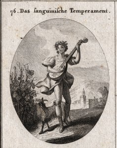 Allegory of Blood Complexion. The goat who eats grapes shows that blood is brought to the pleasures of love and Bacchus. Engraving in 