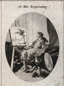 Allegory of delectation represented by a young man holding a lyre near a painting with fruits, books, weapons and two doves that caress each other, all symbolizing the charm of the senses. Engraving in 