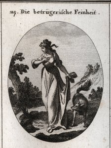 Allegory of finesse that tends to deceive. She is represented one hand on her chest and another cover behind her holding a fox symbol of deception. Engraving in 