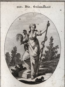 Allegory of Health Represented by a Strong Woman Holding a Rooster, Animal Consecrated to Aesculapius, God of Medicine. She Holds a Stick Around Which Is a Snake, an Animal Least Prone to Disease. Engraving in 