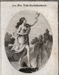 Allegory of inconsideration. She walks looking at a butterfly without seeing that there is a precipice at her feet. The compass and the rules show that she doesn
