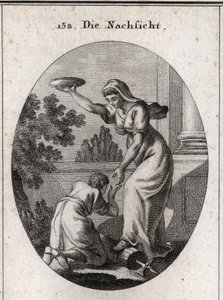 Allegory of indulgence. She trooped under her feet the bundles and the axe that the lictors carried among the Romans. She holds a raised coat and presents her hand to a slave prostrates her feet. Engraving in 