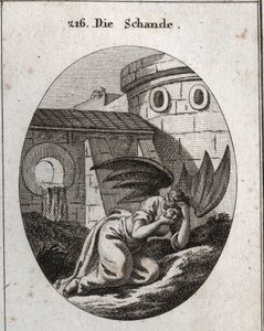 Allegory of Infamy Covering the Face with Hands and Its Attributes Are Two Large Black Wings of Bat. Engraving in 
