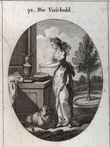 Allegory of innocence crowned with palm to mark that time makes her triumph over the slander that wants to oppress her. Its symbol is the lamb. Hand washing serves to publicly exonerate themselves from false accusations. Engraving in 