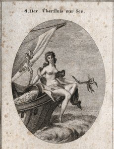 Allegory of maritime abundance represented by Ceres sitting on the bow of a ship. She holds a bouquet of hemp, a branch of knee on which silk worm cocoons are attached. It