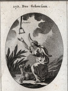 Allegory of obedience. She holds a yoke on her shoulders and moves forward to receive a brake that descends from the open sky in which the word 