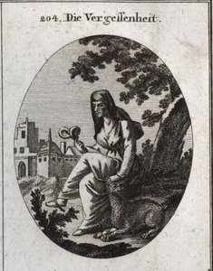 Allegory of oblivion. She holds a mandrake plant, powerful narcotic. The lynx is the animal dedicated to Bacchus. Engraving in 