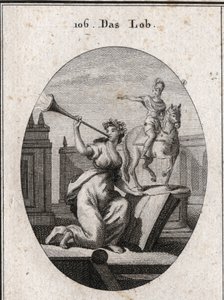Allegory of praise holding a book to show that it passes posterity through the help of scriptures. It sounds a trumpet from which the glare of renown comes out. The equestrian statue is there for the praise of heroes. Engraving in 