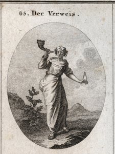Allegory of Reprimand. She Learns to Sound a Book Connet That Emphasizes the Unsightly Sound of Reprehensive Words Manipulated with Caution, as Shown by the Human Language Held in the Other Hand. Engraving in 