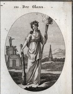 Allegory of splendor. The club on which she relies is the symbol of virtues. The chain and the gold medal are the reward. The light torch is light to beautiful deeds. Engraving in 