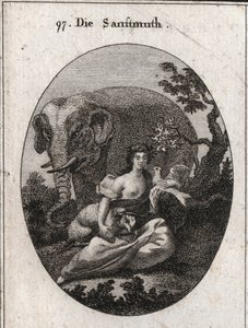 Allegory of Sweetness or Mansuetude, crown of olive trees for the symbol of peace. Its attribute is the elephant, representing the goodness of the heart, the lamb symbol of mansuetude and the dove, emblem of sweetness. Engraving in 