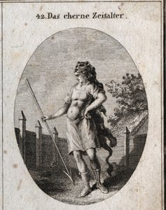 Allegory of the Copper Age represented as a sentinel near a fence in a proud attitude armed with a corselet and a javelin and cap of a lion