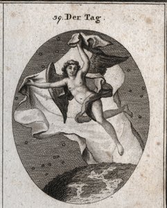Allegory of the Day Flying Quickly and Hiding the Night and the Stars Using a Bright Large Veil. Engraving in Iconologie oder Ideen aus dem Gebiete der Leidenschaften und Allegorien bildich dargestellt fur Zeichner, Mahler, Dichter, Gelehrte, Erzieher u