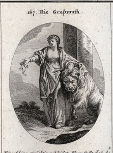 Allegory of generosity bearing a golden crown on the head and chest uncovered, designating the nobility of feelings and sincerity of the heart. She presents jewels and gold in one hand and the other rests on a lion lying peacefully at her feet. Engravi by Austrian School