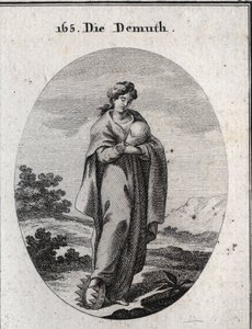 Allegory of humility. Under his foot, a crown of gold enriched with precious stones. She disdainfully considers a ball representing the earth of which she misses the grandeur. Engraving in “Iconologie oder Ideen aus dem Gebiete der Leidenschaften und Alleg