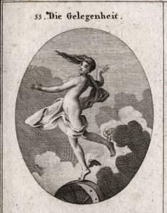 Allegory of the Occasion. With wings on the feet and hair forward, it rests slightly on a wheel. Engraving in 