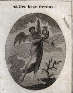 Allegory of the opposite genie represented by a bad genie with bat wings and holding an owl, bird of bad omen. Engraving in 