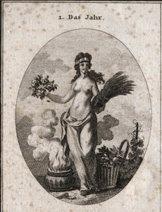 Allegory of the Year Surrounded by Symbols of the Four Seasons (Wreath of Flowers for Spring, Wreath of Wheat for Summer, Basket of Reason for Autumn and Vase of Fire for Winter). The Year is Half Dressed in Reference to the Degrees of Heat and Cold with