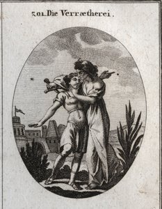 Allegory of treason. An awful old woman caresses a handsome young man and at the same time prepares to stab him. Engraving in 