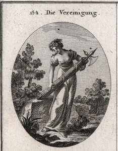 Allegory of union. Crowned with olive tree symbol of peace, and mirth representing joy. It flows on a bunch of tightly bound sticks without bending the image of strength and union. Engraving in “Iconologie oder Ideen aus dem Gebiete der Leidenschaf by Austrian School
